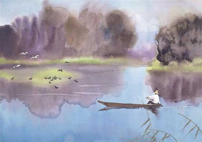 ©Gu Yuan  古元 - Morning Egrets - watercolor on paper 