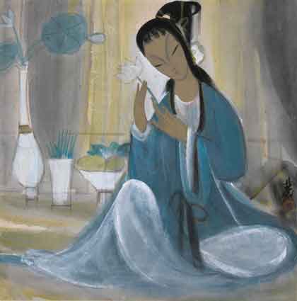  Lin Fengmian  林风眠  - Lady Holding a Flower - ink and colour on paper