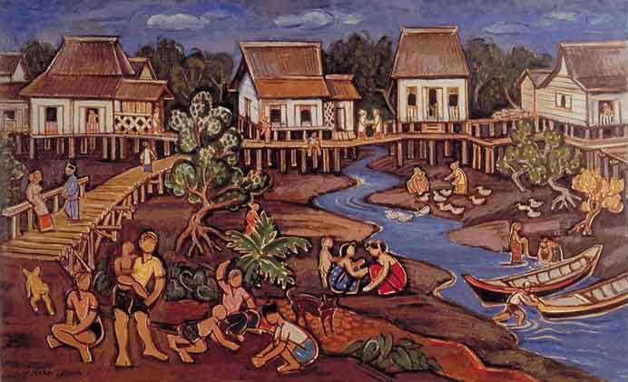Liu Kang  刘抗 - Life by the River  1975  -  huile sur toile Collection of National Gallery  Singapour