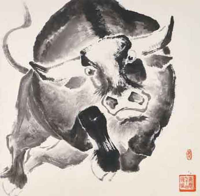 Zeng Shanqing  曾善慶  -  Fierce Bull - ink and colour on paper  -  2008 