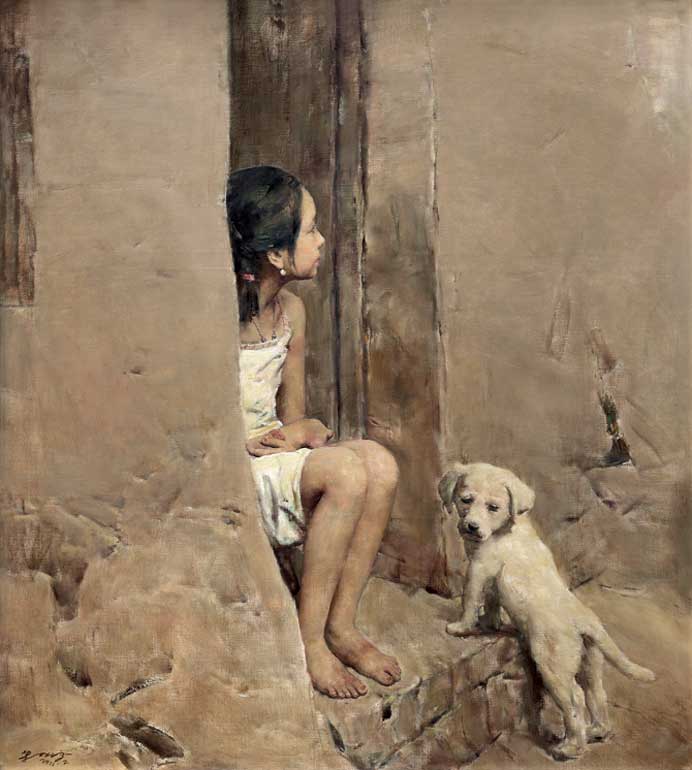 Guo Beiping 郭北平  -  La Fillette et le chien  -  Oil on canvas  146 x 130 cm 