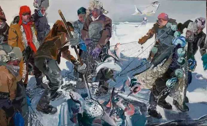 Liu Daming  刘大明    -  Lumière blafarde de l'aurore  -  Saison de pêche du Nord  -  Oil on canvas 175 X 275 cm 