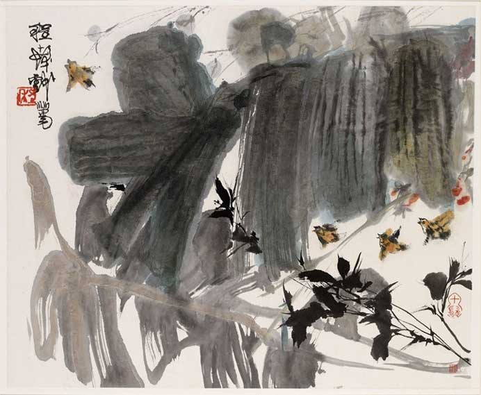 Cheng Shifa  程十 发 Birds in Plantain Leaves  1978 Album leaf; ink and colour on paper ©  Ashmolean Museum 