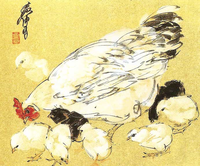 Huang Zhou 黄胄 - Poules et Poussins
- encre, couleurs et or sur papier Huang Zhou 黄胄 - Poules et Poussins - encre, couleurs et or sur papier