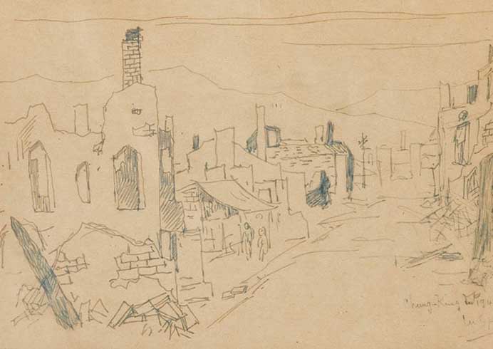 Lü Sibaï - Street in Chongqing after Japenese Bombing 1940 (front)
© The artist's estate - Ashmolean Museum, University of Oxford Lü Sibaï - Street in Chongqing after Japenese Bombing 1940 (front) © The artist's estate - Ashmolean Museum, University of Oxford