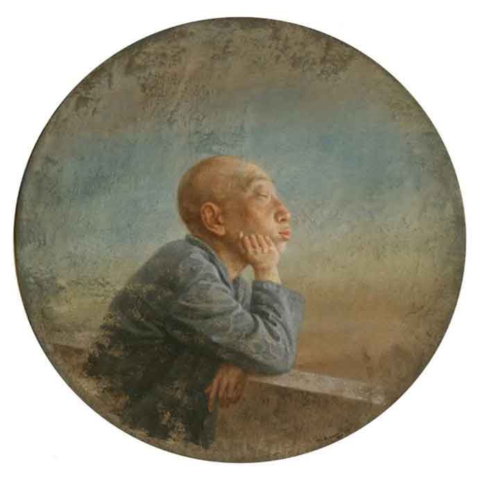  Wang Gang  王刚  -  Au balcon - Huile sur toile 