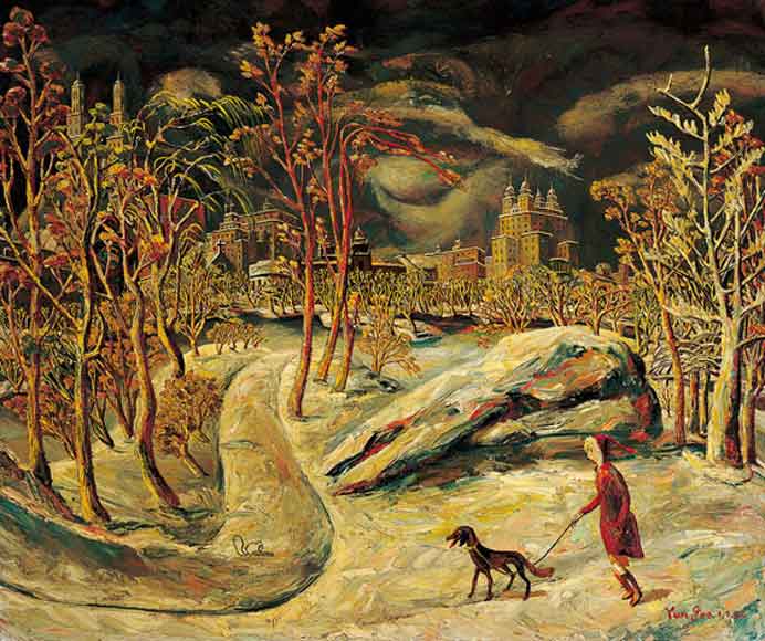 Yun Gee  朱沅芷 - West Tower from Central Park in Winter 1952  Oil on Canvas 