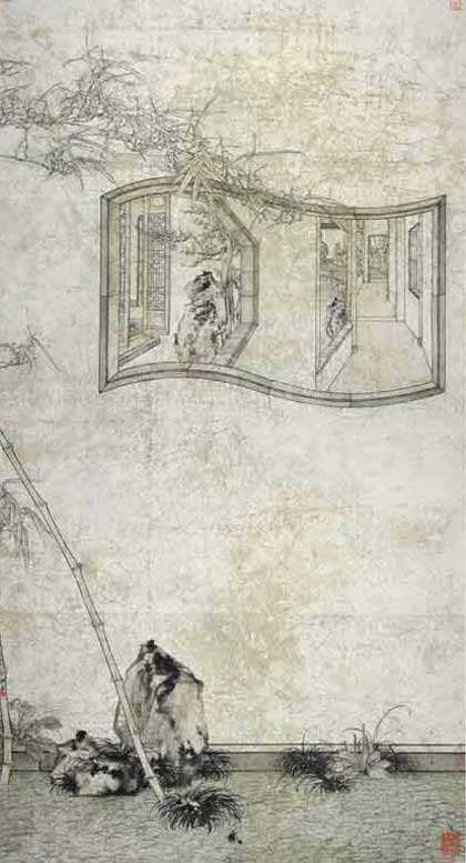 Zheng Li  郑力 - Reflections of the Classical Garden  -  Ink and Colour on Paper,240 x 128 cm 2017 - Image Courtesy of the Artist and Hanart TZ Gallery