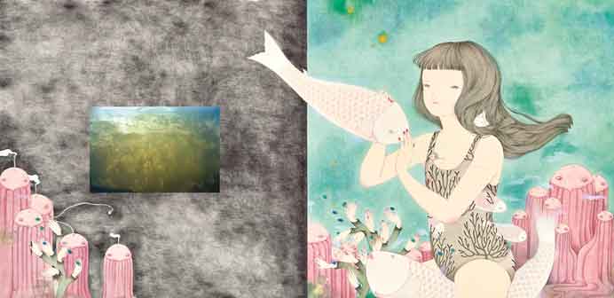 Joey Leung Ka-Yin  梁嘉贤  -  Oh Dear, Don't Be Hooked ! 親愛的，別被釣啊! Ball pen, Chinese ink, gouache, acrylic, colour pencil, drawing pen on paper, colour photo - 2016