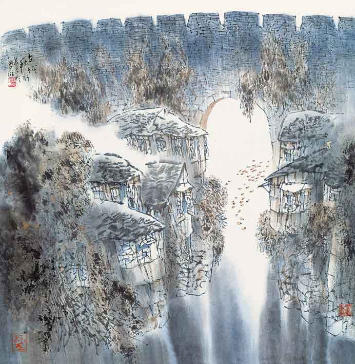 Sun Junliang 孙君良 - Ancient city - Autumn water 古城秋水 - tinted paper 设色纸本 - seal Sun Junliang 孙君良 - Ancient city - Autumn water 古城秋水 - tinted paper 设色纸本 - seal