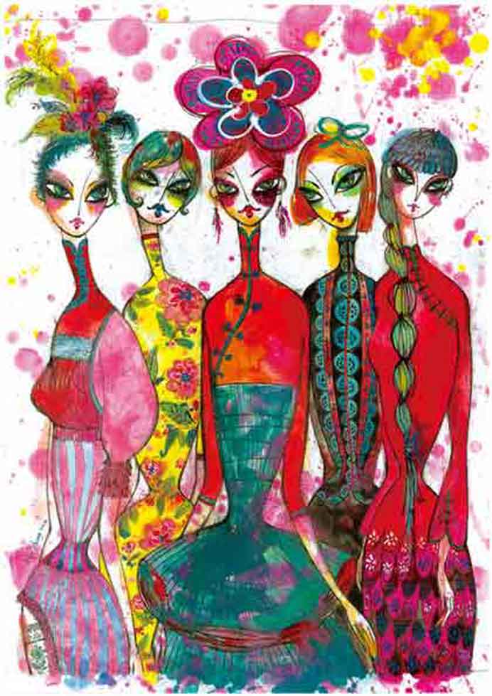 Chang Chin  张琹 -  Girls N°.2  -  acrylic, composite media on cardboard 42 x 29.7 cm  -  2010