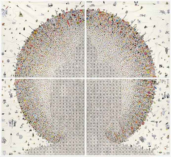 Gonkar Gyatso  -  The Shambala of the Modern Times -  Sticker, papercuts and pencil on treated paper  2008 Venice art biennale 09 