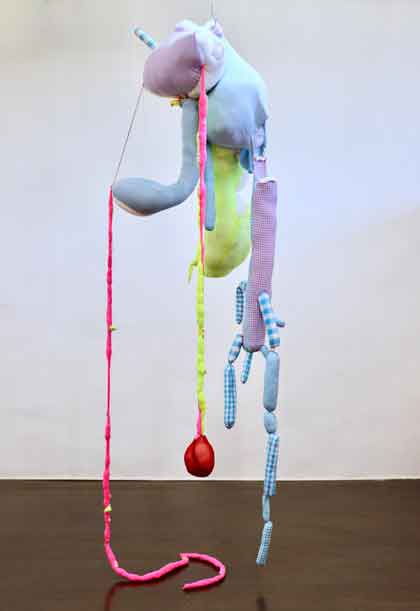 IV Chan  陈子雯  -  The very sleepy bunny and the lazy duckie  -  Fabric, beads, cotton stuffing, thread, rattle insert, squeaker insert  -  80 x 80 x 245 cm  -  2022