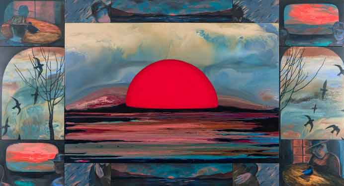 Hilarie Hon  韩幸霖 -  Threads of Mental Fabrics  -  Acrylic and oil on canvas  200 x 370 cm. 13 panels  -  2022-2023 