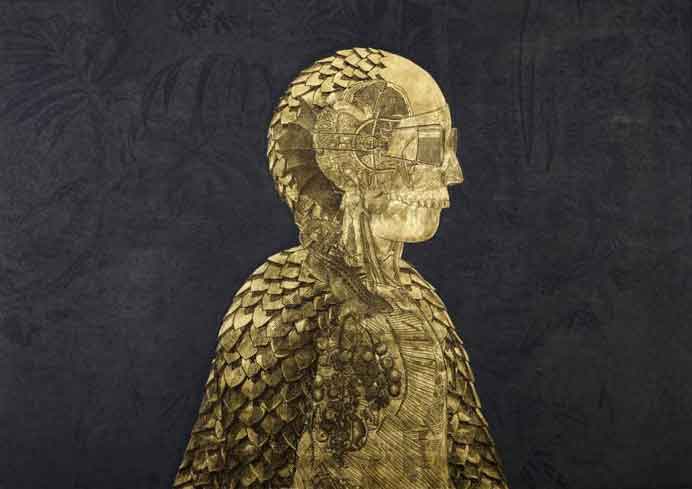 Huang Chih-Cheng  黄至正  -  Ring of the World 8  -  paper, ink, mixed media, gold foil  118 x 84 cm  -  2020  