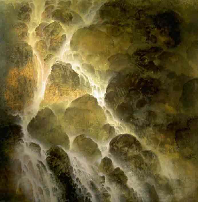 Wang Jia'nan  王佳楠  -  Autumn mountain waterfall  -  Chinese ink and colour on paper  118 x 92 cm  -  2003