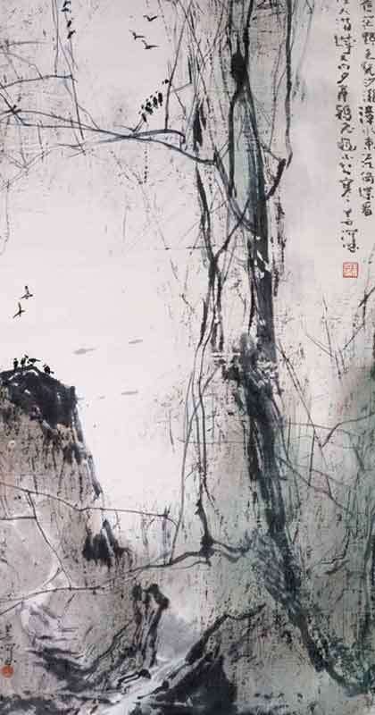 Yang Shanshen 楊善深 - Landscape with Crows - Ink and colour on paper 68.5 x 345 cm ° The artist's estate Yang Shanshen 楊善深 - Landscape with Crows - Ink and colour on paper 68.5 x 345 cm ° The artist's estate