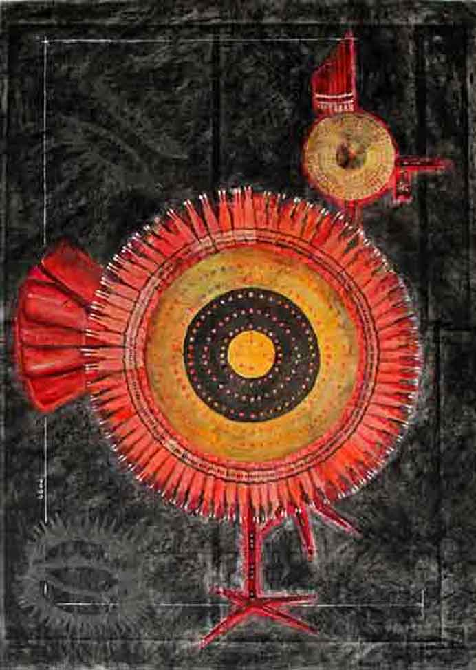 Zu Tianli  祖天丽  -  Red Rooster  -  charcoal and watercolor on chinese rice paper with hand cut 80 x 60 cm  -  2017