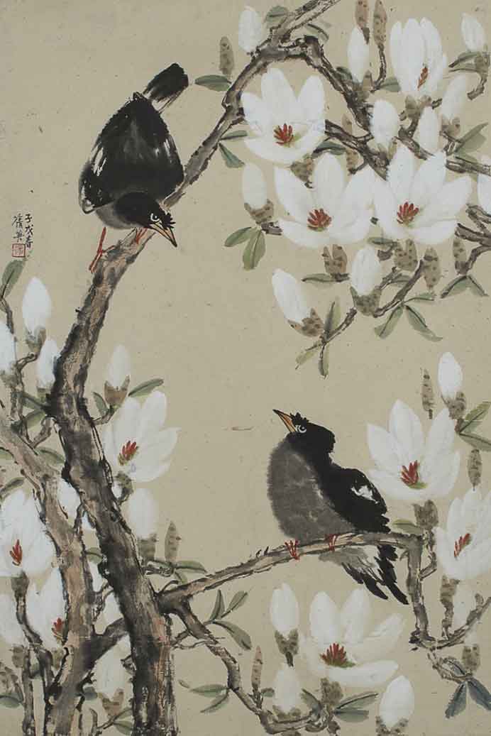Chang Chien-Ying  张蒨英 - Birds on Magnolia, ink and colour on paper 