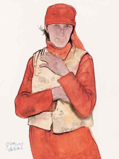 Chen Jian  陈坚 - Tajik Woman in Red  -  watercolor 76x56cm  2013