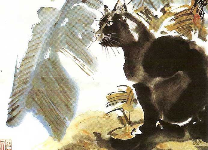 Huang Zhou  黄胄 - Black Cat - - ink, colors on paper 