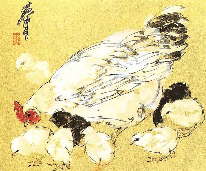 Huang Zhou  黄胄 - Hens and chicks - -  ink, colors and gold on paper 