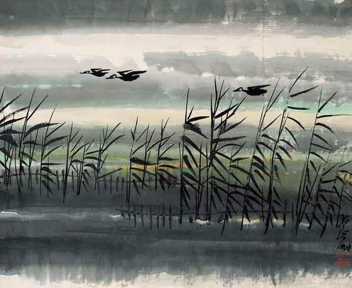 Lin Fengmian  林风眠 - Reeds and Wild Geese - ink and color  