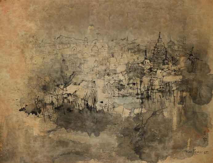 Zhong Sibin  钟泗滨 - City View - ink and colour on paper  1965