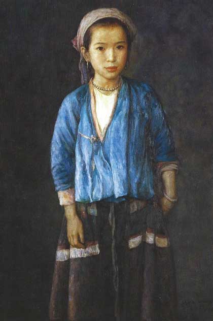 Shen Ming Cun  沈铭存 -  A Maiden from the Miao Tribe in Blue  -  Oil on Canvas   