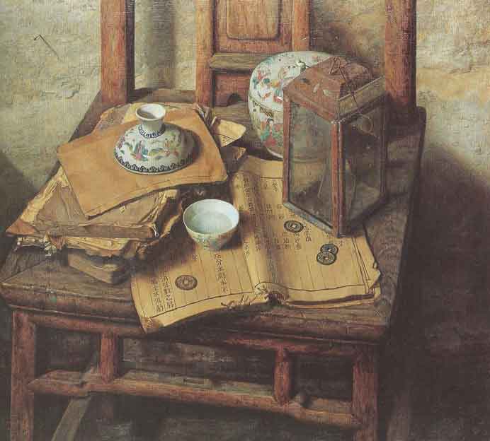 Wang Yuhong  王煜宏  -  Ancient Books and Old Lamp  -  Canvas  2000
