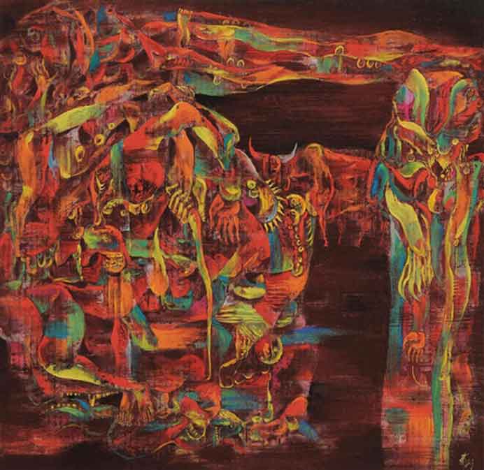 Zeng Xiaofeng  曾曉峰 - Night  夜  -  ink and color on paper  -  1998