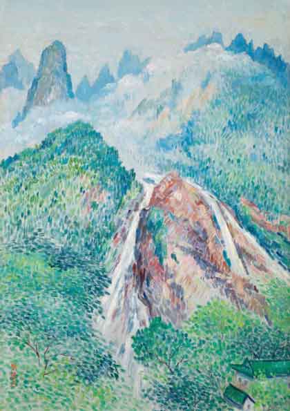 Zhou Bichu  周碧初 -  黄山人字瀑  -  Oil on canvas  -  1982