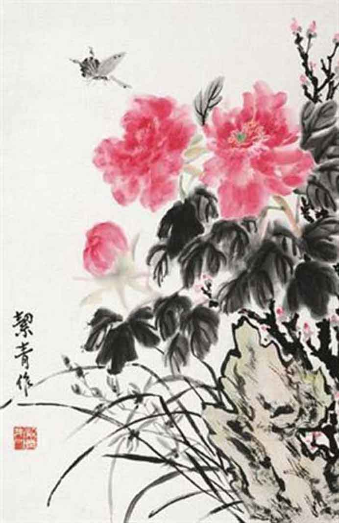 Hu Jieqing  胡絜青  -  Flower Butterfly  花蝶  -  ink and color on paper 