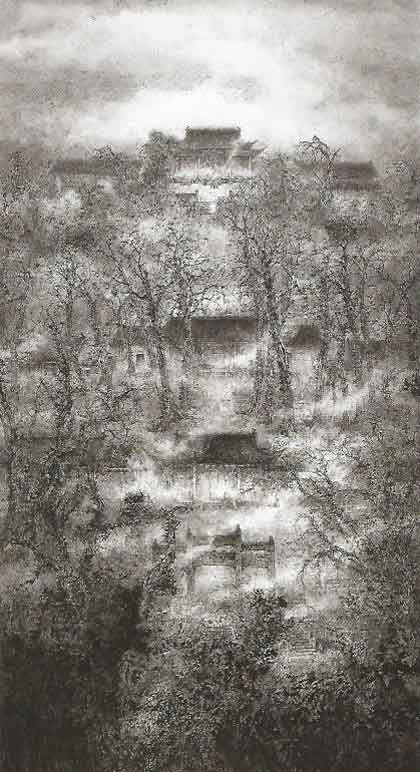 Tian Linhai  田林海  -  Temple of Confucius in Misty Rain  -  Traditional Chinese Painting  -  2004