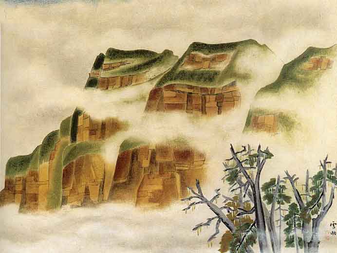 Kuo Hsueh-Hu  郭雪湖  -  Tashan  Smoke Cloud  塔山煙雲  -  Paper, glue  73.5 x 96 cm  -  Private collection