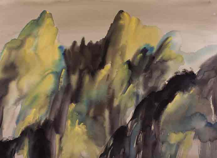 Liu Dapeng  刘大鹏  -  View from Qingliang Pavillon  -  gouache on paper 56 x 76 cm  -  2015 t