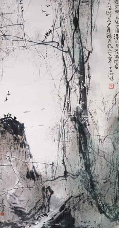  Yang Shanshen  楊善深 -  Landscape with Crows  -  Ink and colour on paper 68.5 x 345 cm   ° The artist's estate