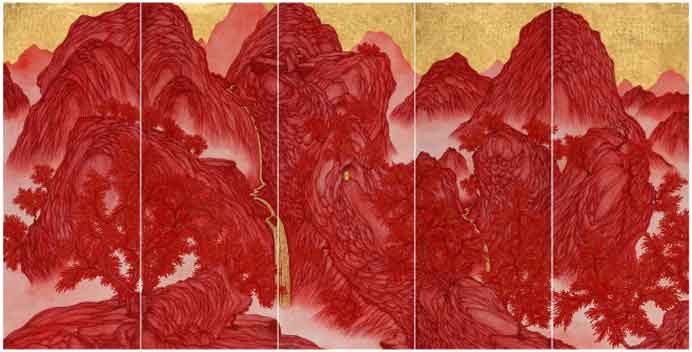 Yao Jui-Chung  姚瑞中  -  Brain Landscape II  -  Indian handmade paper, oily needle pen, gold foil  193 x 385 cm  -  2015