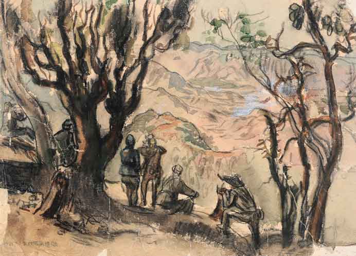 Zhou Lingzhao 周令钊 - Yunnan during Anti-Japanese War (Mang City, Yunnan Province) - Watercolor on paper 25.3 x 35.2 cm - 1944 Zhou Lingzhao 周令钊 - Yunnan during Anti-Japanese War (Mang City, Yunnan Province) - Watercolor on paper 25.3 x 35.2 cm - 1944
