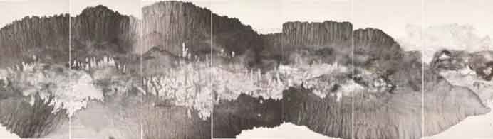Hu Wei  胡伟  -  Mists Over Huangshan  -  Xuan Paper, ink, silk  -  2015  